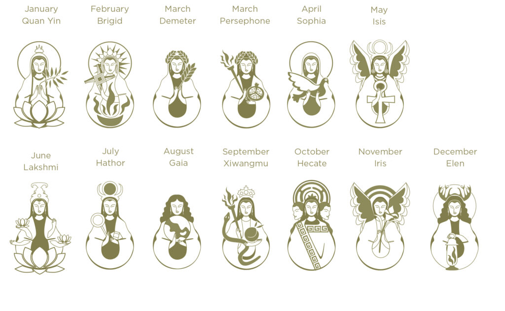 Zodiac goddess illustrations for The Crystal Almanac published by Godsfield Press