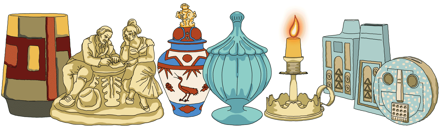 Vintage collection: Poole pottery, Travelling Penman ceramic, Imari vase, Empoli glass, Trench art candlestick, Troika pottery