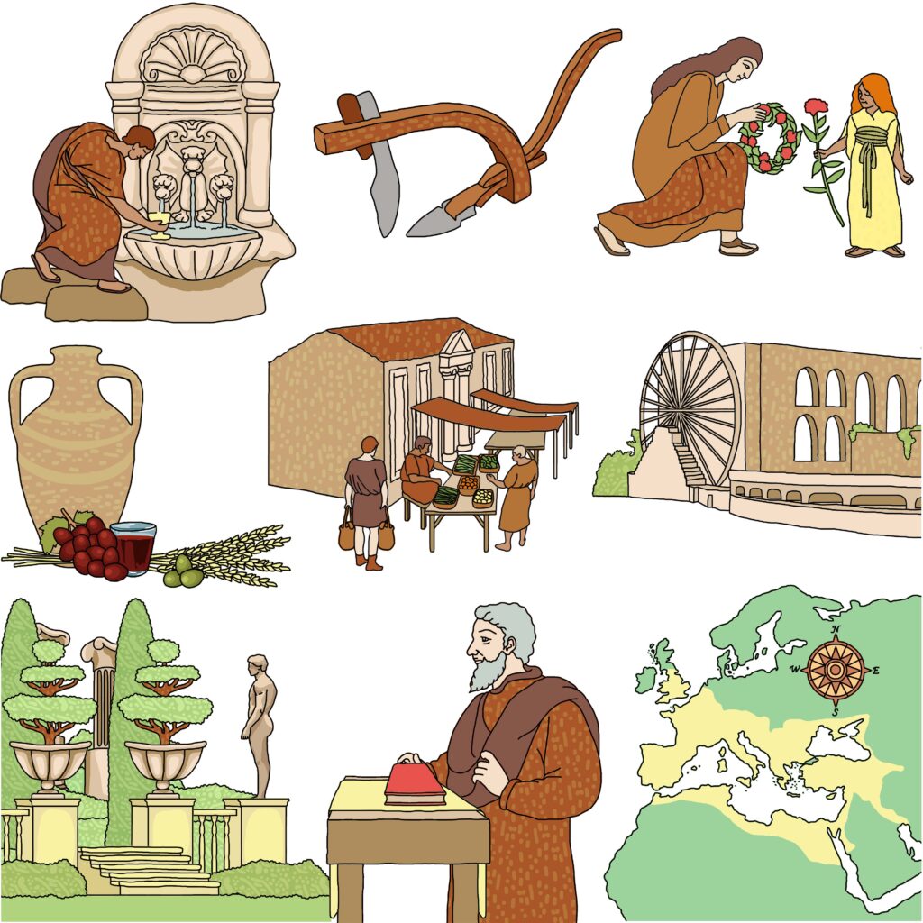 Spot illustrations for ‘Roman Horticulture and Agriculture' poems for children by Val Jones