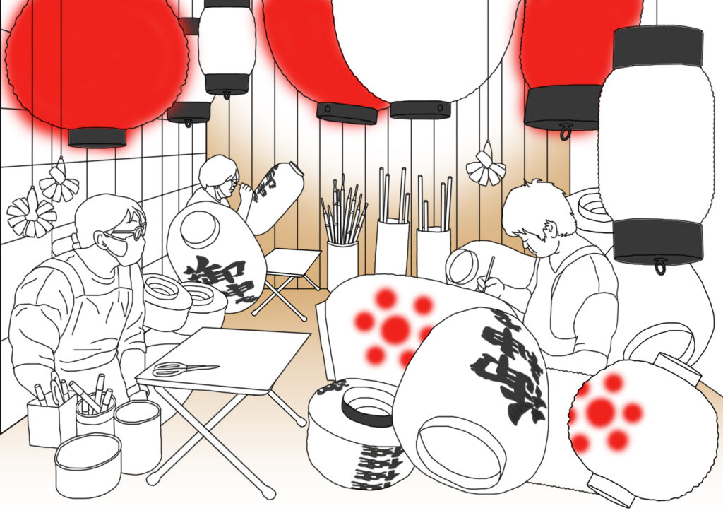Women hand crafting paper lanterns in Kyoto, Japan